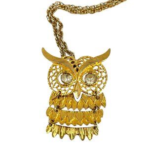 Vintage 1970s Gold-Tone Articulated Owl Pendant Necklace With Rhinestone Eyes Ch